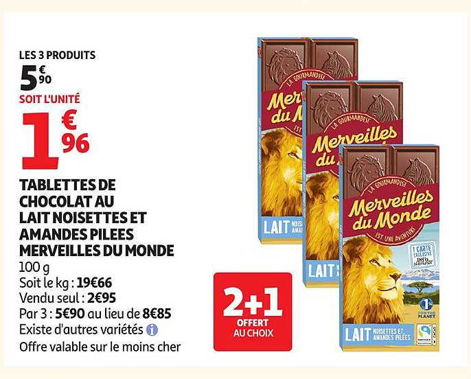 TABLETTES DE CHOCOLAT AU LAIT NOISETTES ET AMANDES PILÉES MERVEILLES DU MONDE