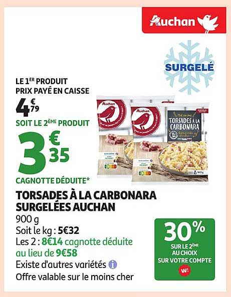 TORSADES À LA CARBONARA SURGELÉES AUCHAN