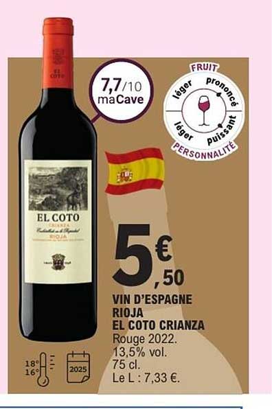 VIN D’ESPAGNE RIOJA EL COTO CRIANZA Rouge 2022