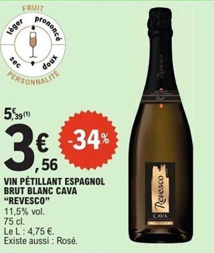 VIN PÉTILLANT ESPAGNOL BRUT BLANC CAVA "REVESCO"