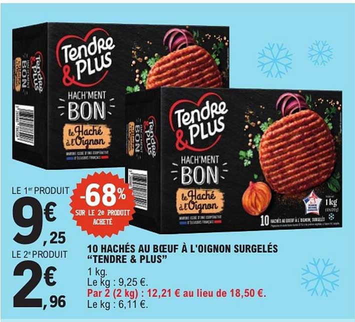 10 HACHÉS AU BŒUF À L'OIGNON SURGELÉS “TENDRE & PLUS”