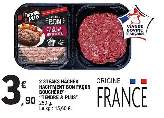 2 STEAKS HACHÉS HACH'MENT BON FAÇON BOUCHÈRE(1) "TENDRE & PLUS" 250 g.