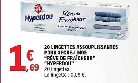 20 LINGETTES ASSOUPLISSANTES POUR SÈCHE-LINGE “RÊVE DE FRAÎCHEUR” “HYPERDOU”
