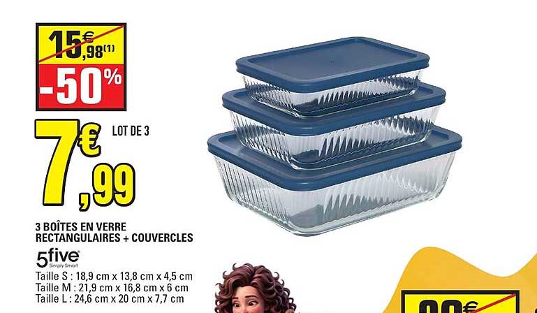 3 BOÎTES EN VERRE RECTANGULAIRES + COUVERCLES
