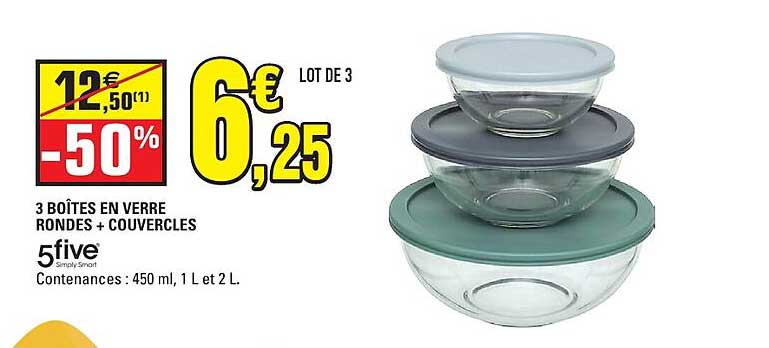 3 BOÎTES EN VERRE RONDES + COUVERCLES