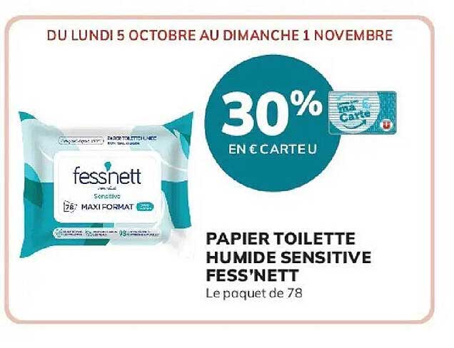 30% en € Carte U - Papier toilette humide Sensitive Fess'nett - Le paquet de 78