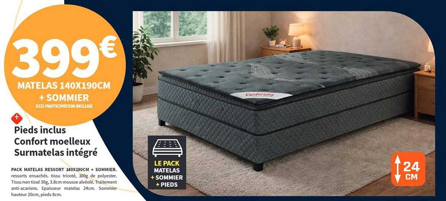 399€ MATELAS 140X190CM + SOMMIER