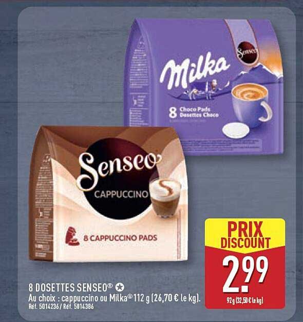 8 DOSETTES SENSEO® Au choix : cappuccino ou Milka® 112 g