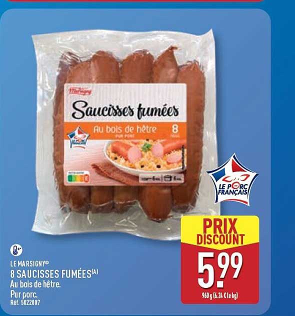 8 SAUCISSES FUMÉES Au bois de hêtre. Pur porc.