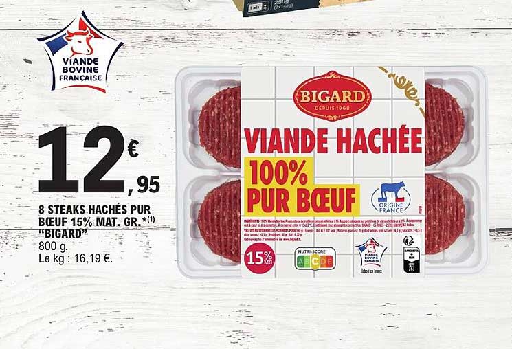 8 STEAKS HACHÉS PUR BŒUF 15% MAT. GR. «BIGARD»