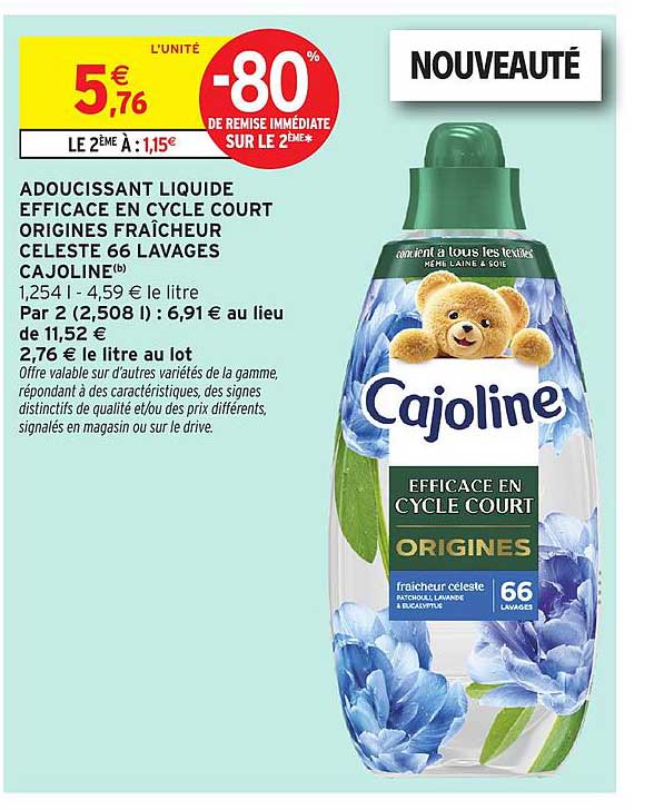 ADOUCISSANT LIQUIDE EFFICACE EN CYCLE COURT ORIGINES FRAÎCHEUR CÉLESTE 66 LAVAGES CAJOLINE