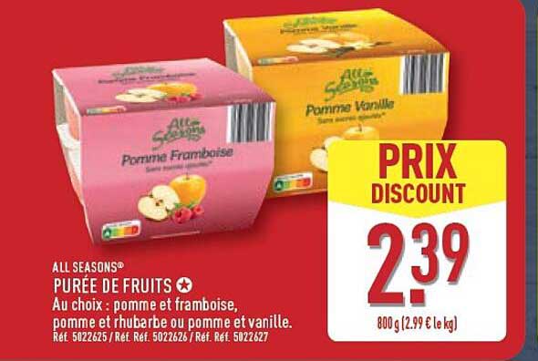 ALL SEASONS® PURÉE DE FRUITS Au choix : pomme et framboise, pomme et rhubarbe ou pomme et vanille.