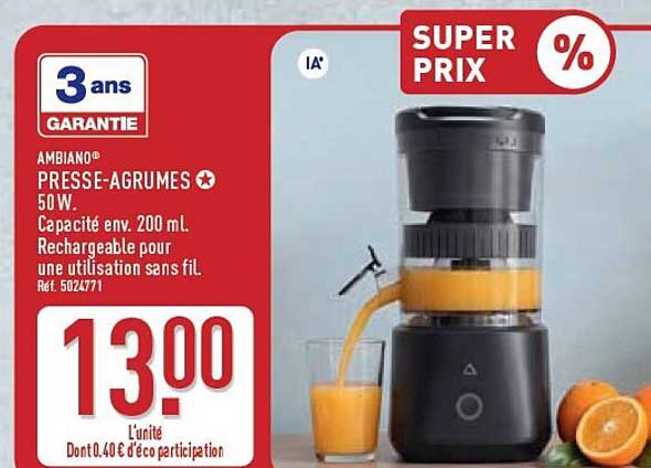 AMBIANO® PRESSE-AGRUMES 50 W. Capacité env. 200 ml. Rechargeable pour une utilisation sans fil.