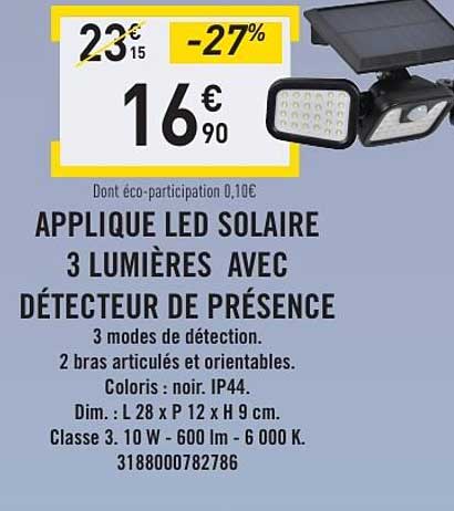 APPLIQUE LED SOLAIRE 3 LUMIERES AVEC DETECTEUR DE PRESENCE