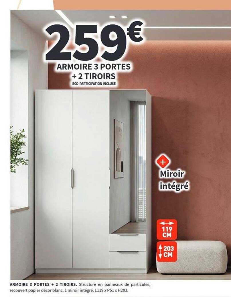 ARMOIRE 3 PORTES + 2 TIROIRS