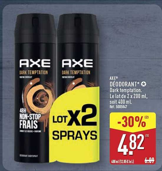 AXE® DÉODORANT* Dark temptation. Le lot de 2 x 200 ml, soit 400 ml.