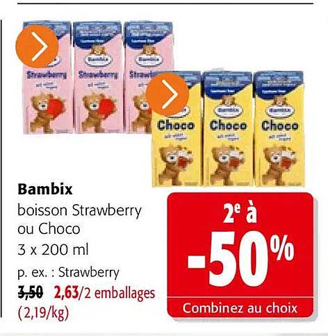 Bambix boisson Strawberry ou Choco 3 x 200 ml