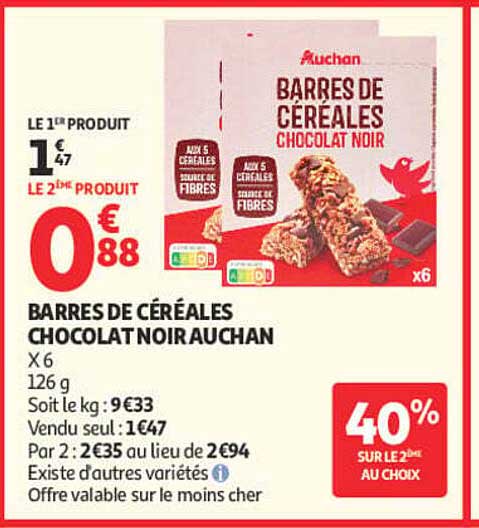 BARRES DE CÉRÉALES CHOCOLAT NOIR AUCHAN