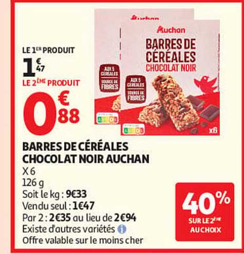 BARRES DE CÉRÉALES CHOCOLAT NOIR AUCHAN