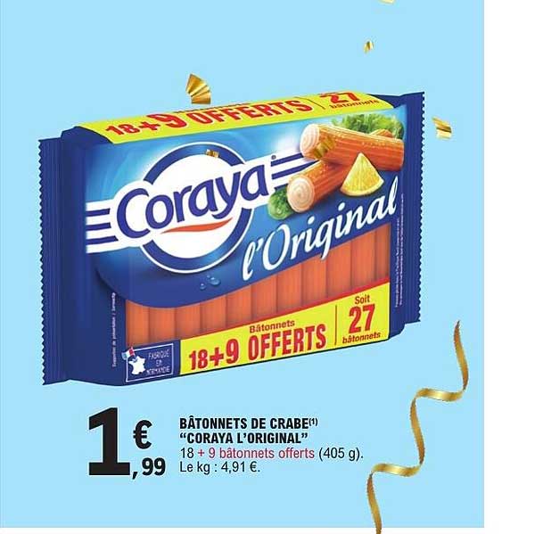 BÂTONNETS DE CRABE "CORAYA L’ORIGINAL" 18 + 9 bâtonnets offerts (405 g)