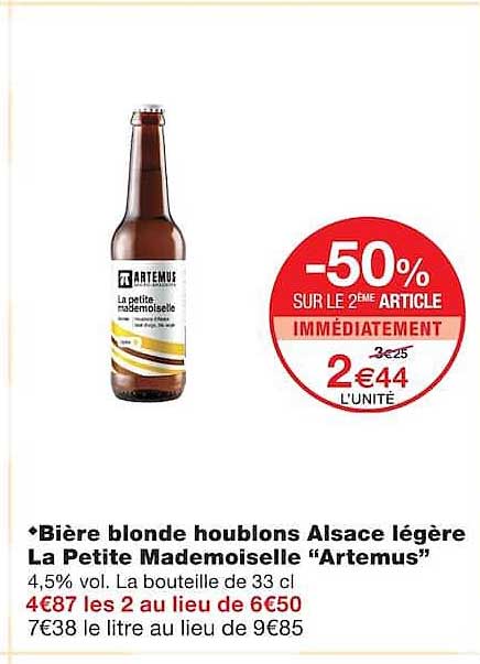 Bière blonde houblons Alsace légère La Petite Mademoiselle “Artemus”