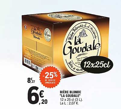BIÈRE BLONDE "LA GOUDALE" 12 x 25 cl (3 L). Le L : 2,07 €.