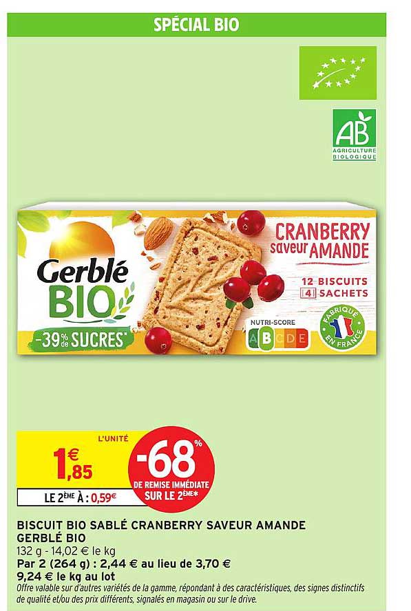 BISCUIT BIO SABLÉ CRANBERRY SAVEUR AMANDE GERBLÉ BIO