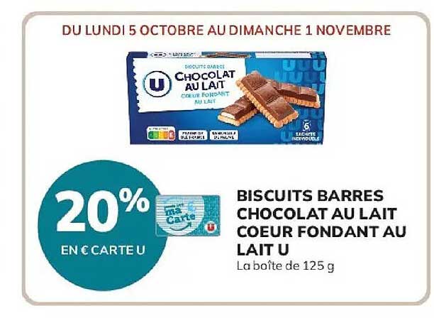 BISCUITS BARRES CHOCOLAT AU LAIT COEUR FONDANT AU LAIT U