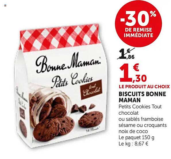 BISCUITS BONNE MAMAN Petits Cookies Tout chocolat ou sablés framboise sésame ou croquants noix de coco