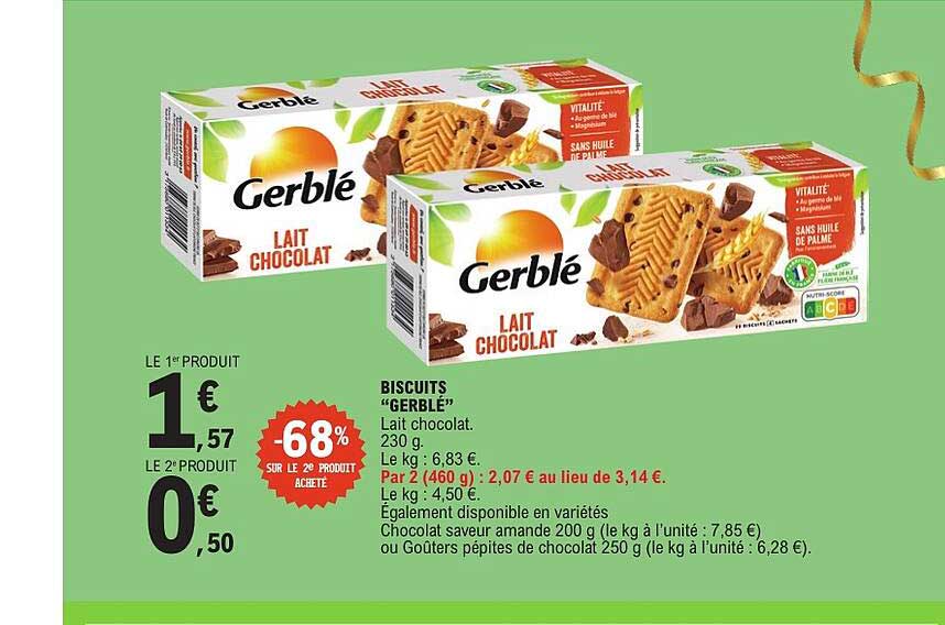BISCUITS «GERBLÉ» Lait chocolat. 230 g. Par 2 (460 g) : 2,07 € au lieu de 3,14 €.