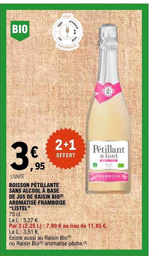 BOISSON PÉTILLANTE SANS ALCOOL À BASE DE JUS DE RAISIN BIO AROMATISÉ FRAMBOISE "LISTEL"