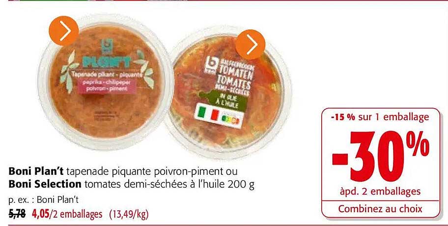 Boni Plan’t tapenade piquante poivron-piment ou Boni Selection tomates demi-séchées à l’huile 200 g