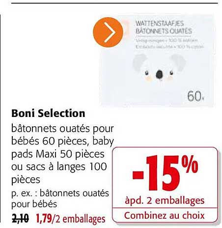 Boni Selection bâtonnets ouatés pour bébés 60 pièces, baby pads Maxi 50 pièces ou sacs à langes 100 pièces