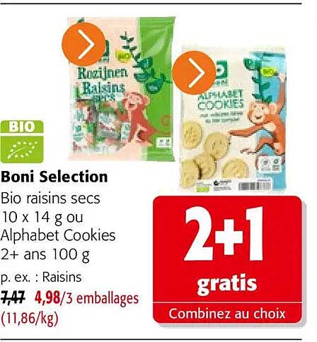 Boni Selection Bio raisins secs 10 x 14 g ou Alphabet Cookies 2+ ans 100 g