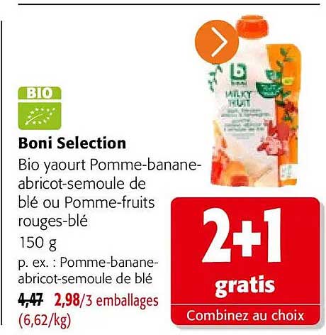 Boni Selection Bio yaourt Pomme-banane-abricot-semoule de blé ou Pomme-fruits rouges-blé 150 g