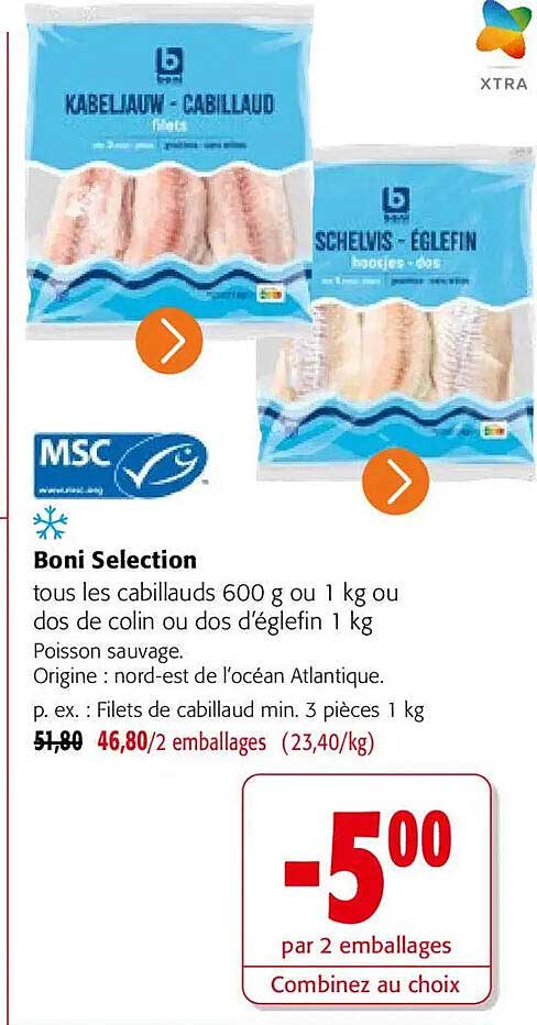 Boni Selection tous les cabillauds 600 g ou 1 kg ou dos de colin ou dos d’églefin 1 kg