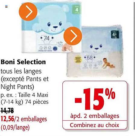 Boni Selection tous les langes (excepté Pants et Night Pants) p. ex. · Taille 4 Maxi (7-14 kg) 74 pièces