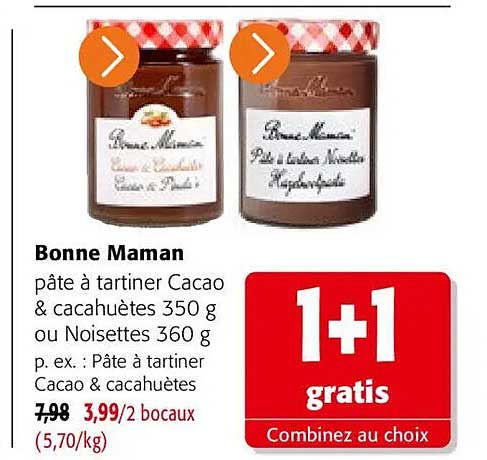 Bonne Maman pâte à tartiner Cacao & cacahuètes 350 g ou Noisettes 360 g