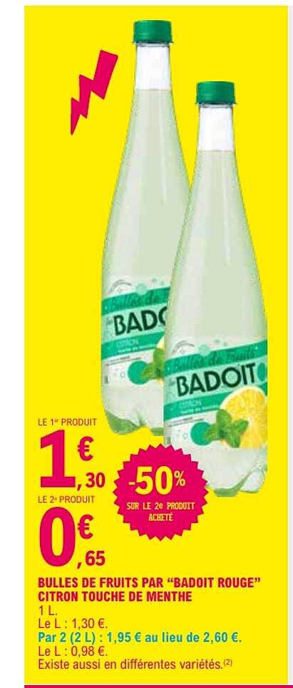BULLES DE FRUITS PAR “BADOIT ROUGE” CITRON TOUCHE DE MENTHE 1 L.