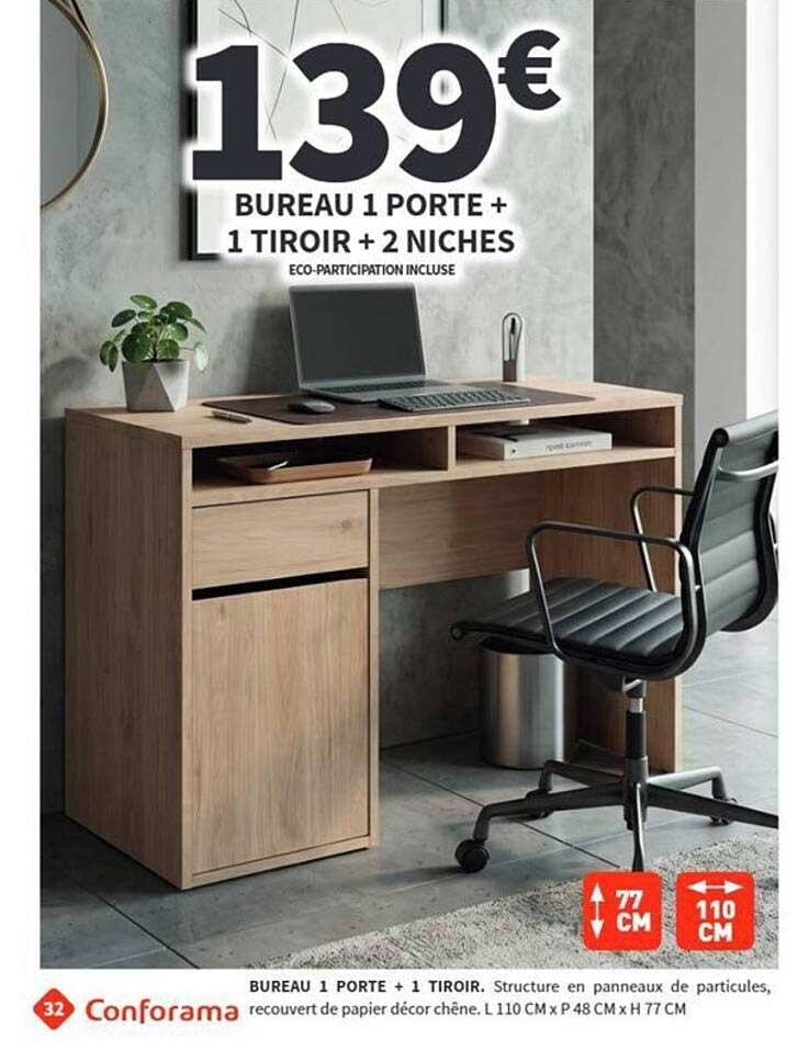 BUREAU 1 PORTE + 1 TIROIR + 2 NICHES