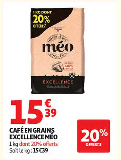 CAFÉ EN GRAINS EXCELLENCE MÉO 1 kg dont 20% offerts