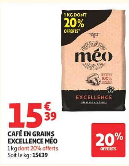 CAFÉ EN GRAINS EXCELLENCE MÉO 1 kg dont 20% offerts