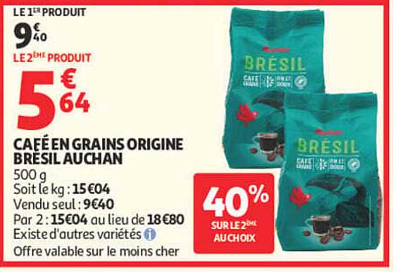 CAFÉ EN GRAINS ORIGINE BRESIL AUCHAN