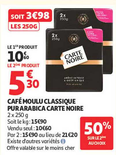 CAFÉ MOULU CLASSIQUE PURARABICA CARTE NOIRE 2 x 250 g
