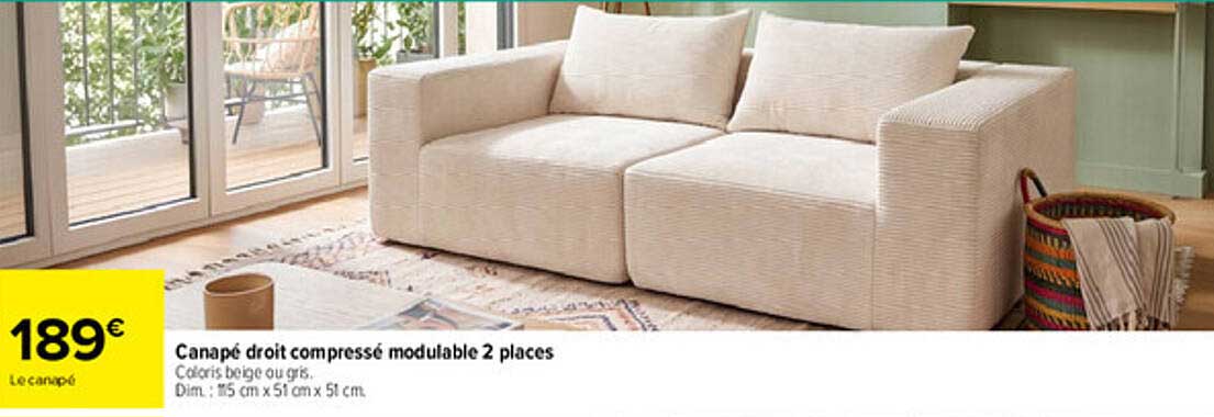 Canapé droit compressé modulable 2 places