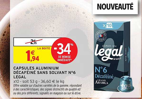 CAPSULES ALUMINIUM DÉCAFÉINÉ SANS SOLVANT N°6 LEGAL