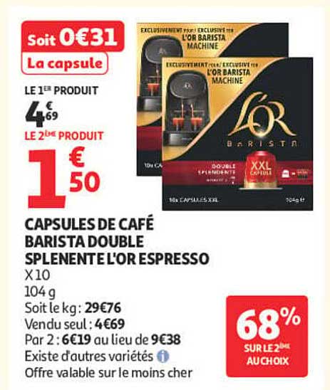 CAPSULES DE CAFÉ BARISTA DOUBLE SPLENDENT L'OR ESPRESSO X10 104 g