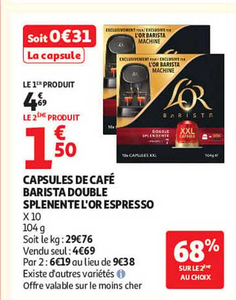 CAPSULES DE CAFÉ BARISTA DOUBLE SPLENENTE L'OR ESPRESSO