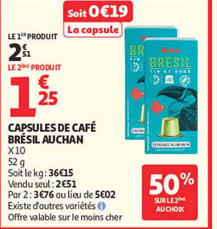 CAPSULES DE CAFÉ BRÉSIL AUCHAN X10 52 g