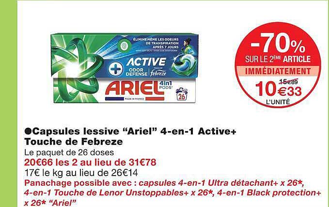 Capsules lessive “Ariel” 4-en-1 Active+ Touche de Febreze